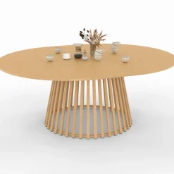 Table de jardin extensible ronde SOLAL 160-200 CM 6-10 personnes avec pied lattes en métal effet bois