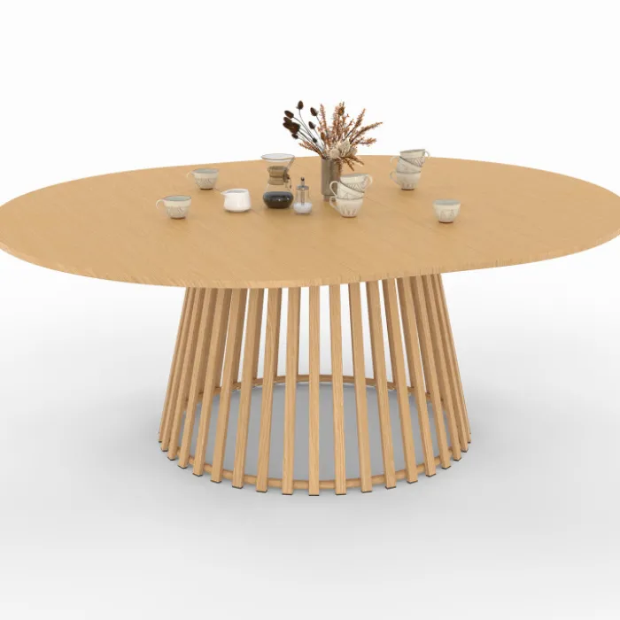 Table de jardin extensible ronde SOLAL 160-200 CM 6-10 personnes avec pied lattes en métal effet bois