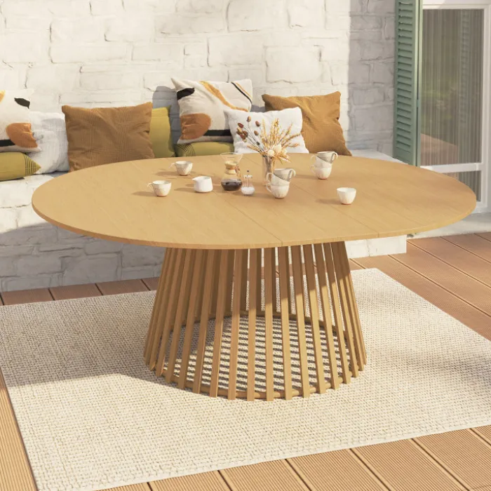 Table de jardin extensible ronde SOLAL 160-200 CM 6-10 personnes avec pied lattes en métal effet bois