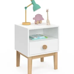 Table de nuit enfant avec 1 tiroir et 1 niche blanc et bois