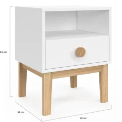Table de nuit enfant avec 1 tiroir et 1 niche blanc et bois
