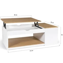 Table de salon avec plateau relevable bois blanc et façon hêtre