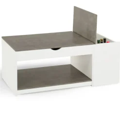 Table de salon avec plateau relevable effet béton et bois blanc