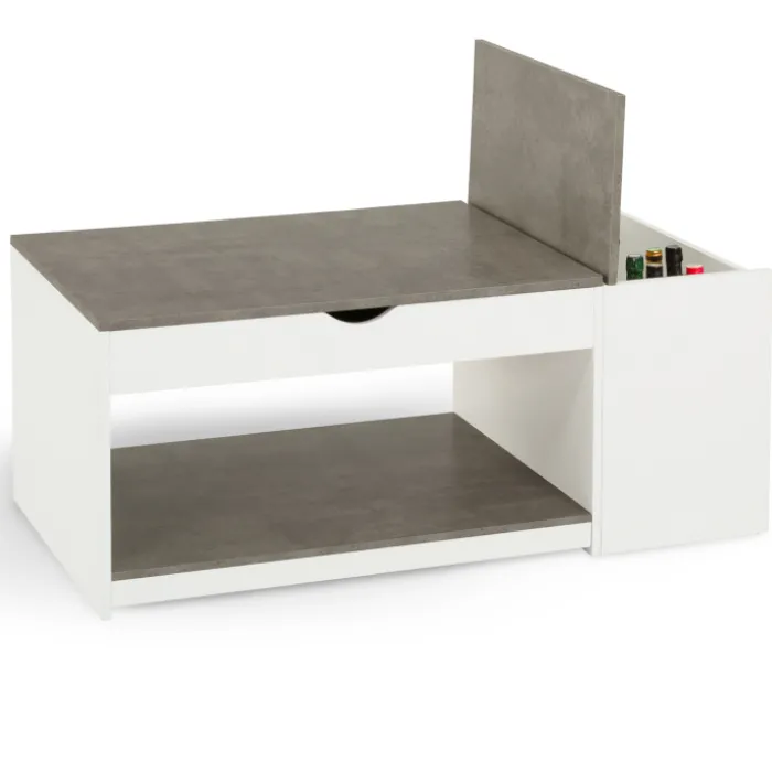 Table de salon avec plateau relevable effet béton et bois blanc