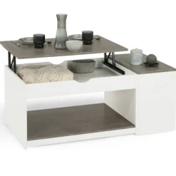Table de salon avec plateau relevable effet béton et bois blanc