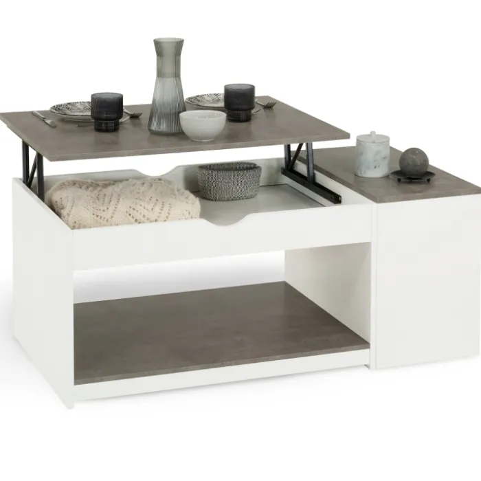 Table de salon avec plateau relevable effet béton et bois blanc