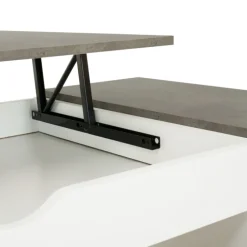 Table de salon avec plateau relevable effet béton et bois blanc