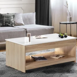 Table de salon avec plateau relevable imitation hêtre plateau blanc