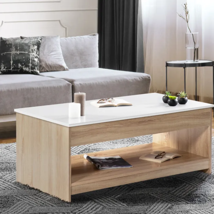 Table de salon avec plateau relevable imitation hêtre plateau blanc