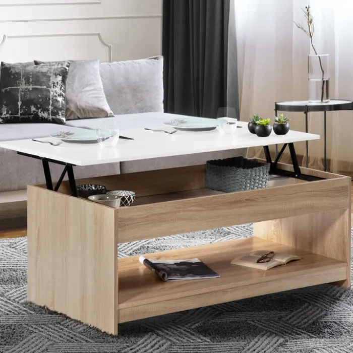 Table de salon avec plateau relevable imitation hêtre plateau blanc