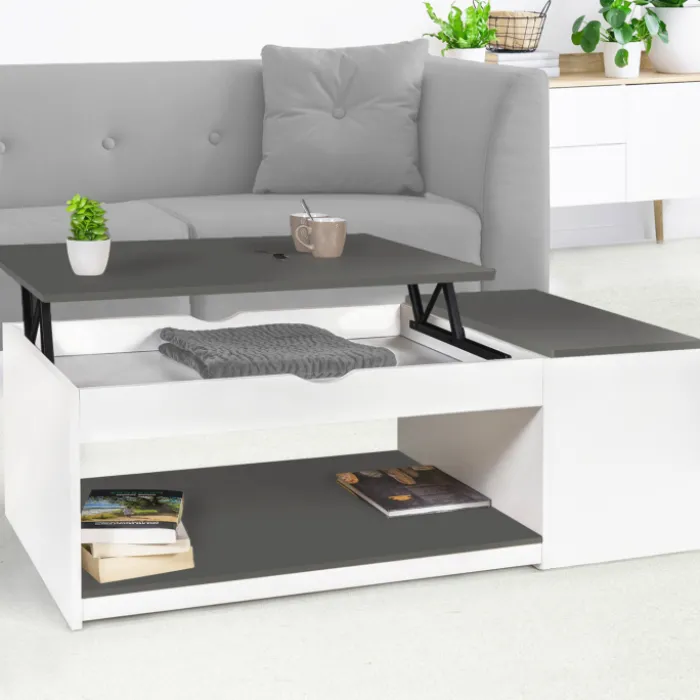 Table de salon avec plateau relevable et coffre bois blanc et plateau gris