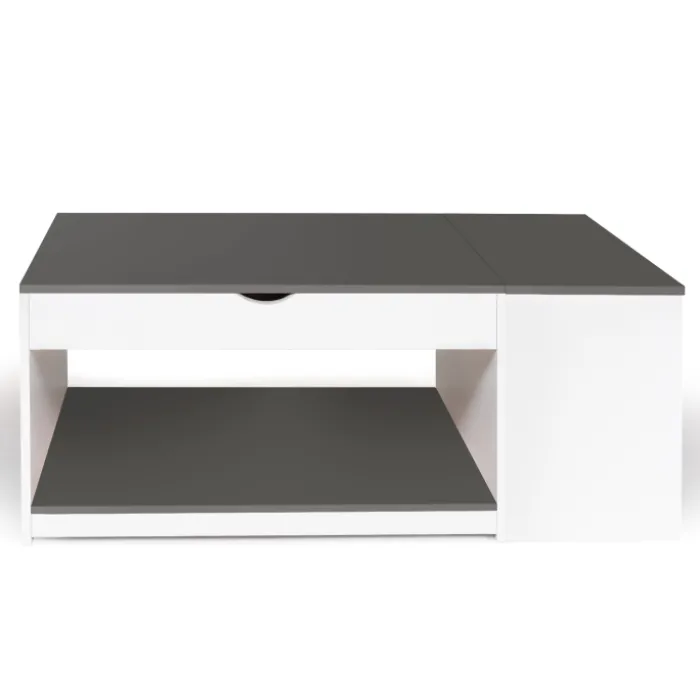 Table de salon avec plateau relevable et coffre bois blanc et plateau gris