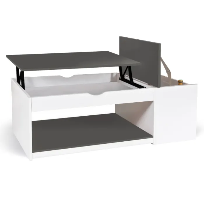 Table de salon avec plateau relevable et coffre bois blanc et plateau gris