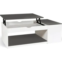 Table de salon avec plateau relevable et coffre bois blanc et plateau gris