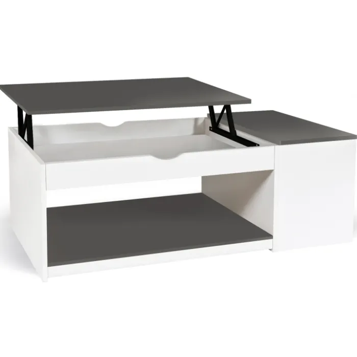 Table de salon avec plateau relevable et coffre bois blanc et plateau gris
