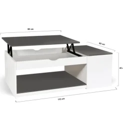 Table de salon avec plateau relevable et coffre bois blanc et plateau gris