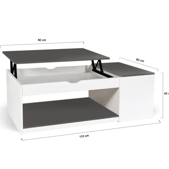 Table de salon avec plateau relevable et coffre bois blanc et plateau gris
