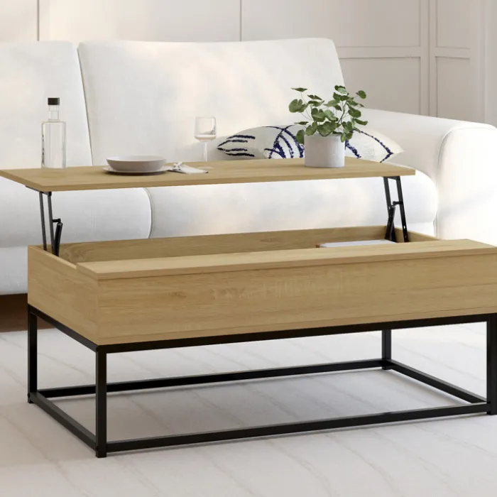 Table de salon industrielle avec plateau relevable