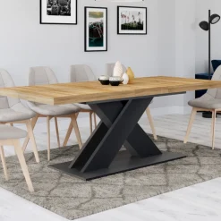 Table extensible rectangulaire bois et noir 6 à 10 personnes avec pied noir en X
