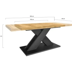 Table extensible rectangulaire bois et noir 6 à 10 personnes avec pied noir en X