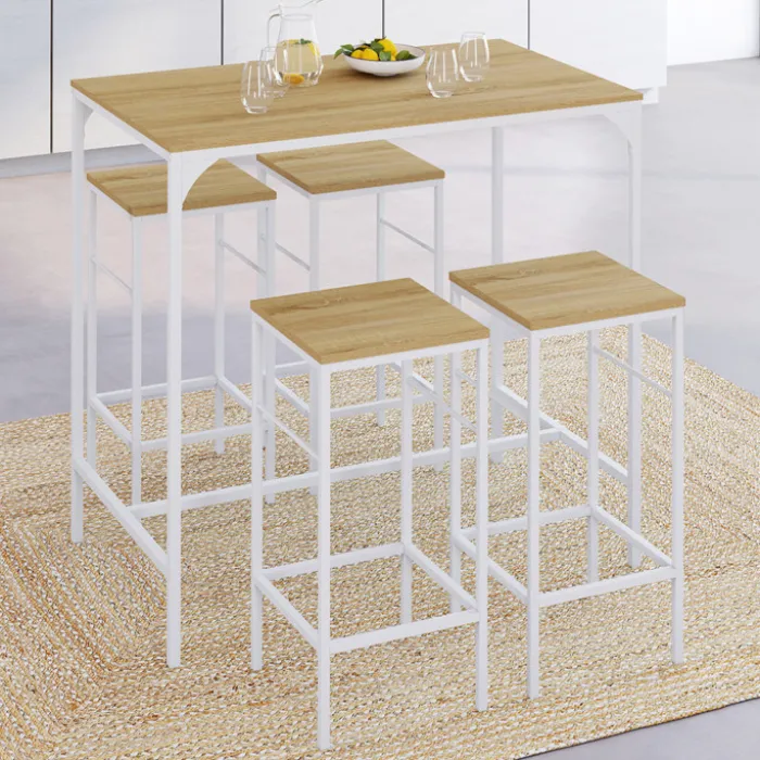 Table haute avec 4 tabourets métal blanc et bois style industriel