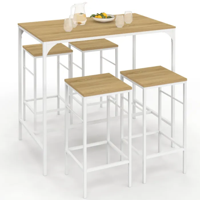 Table haute avec 4 tabourets métal blanc et bois style industriel