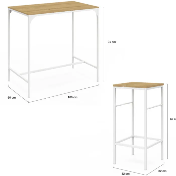 Table haute avec 4 tabourets métal blanc et bois style industriel