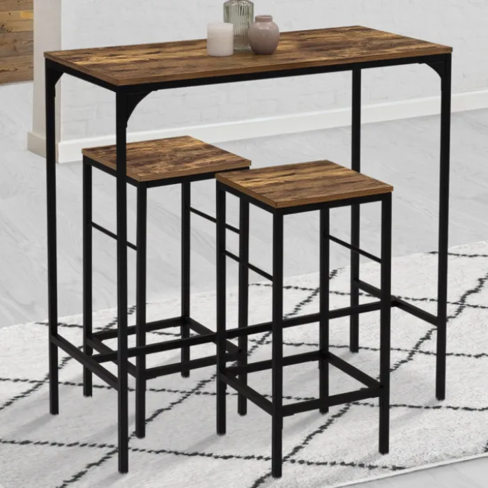 Table haute avec 4 tabourets bois effet vieilli