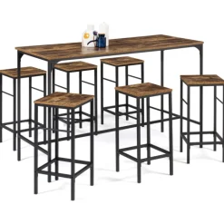 Table haute avec 6 tabourets bois effet vieilli