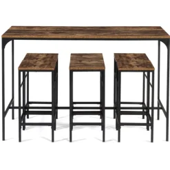 Table haute avec 6 tabourets bois effet vieilli