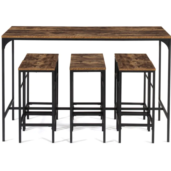 Table haute avec 6 tabourets bois effet vieilli
