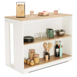 Table haute îlot de cuisine blanche et bois