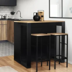 Table haute îlot de cuisine noir et bois