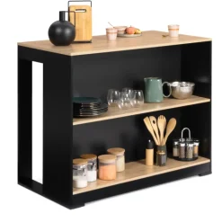 Table haute îlot de cuisine noir et bois