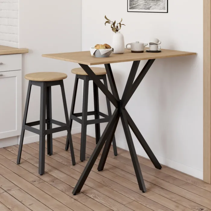 Table haute mange debout recangulaire bois et métal noir pied araignée 100 cm