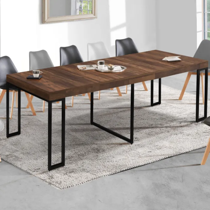 Table industrielle extensible 14 personnes 300 cm bois foncé