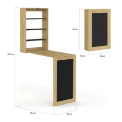 Table murale pliable MACCHIA avec étagères et tableau craie 2 personnes bois et noir