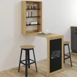 Table murale pliable MACCHIA avec étagères et tableau craie 2 personnes bois et noir