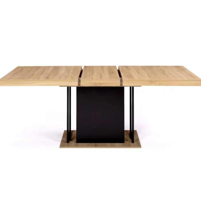 Table pied central extensible noir et bois façon hêtre