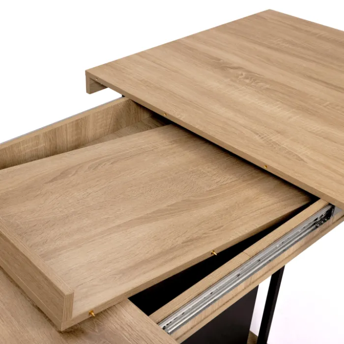 Table pied central extensible noir et bois façon hêtre