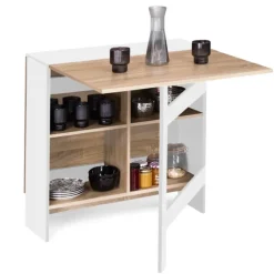 Table pliante blanche plateau bois avec double rangement central