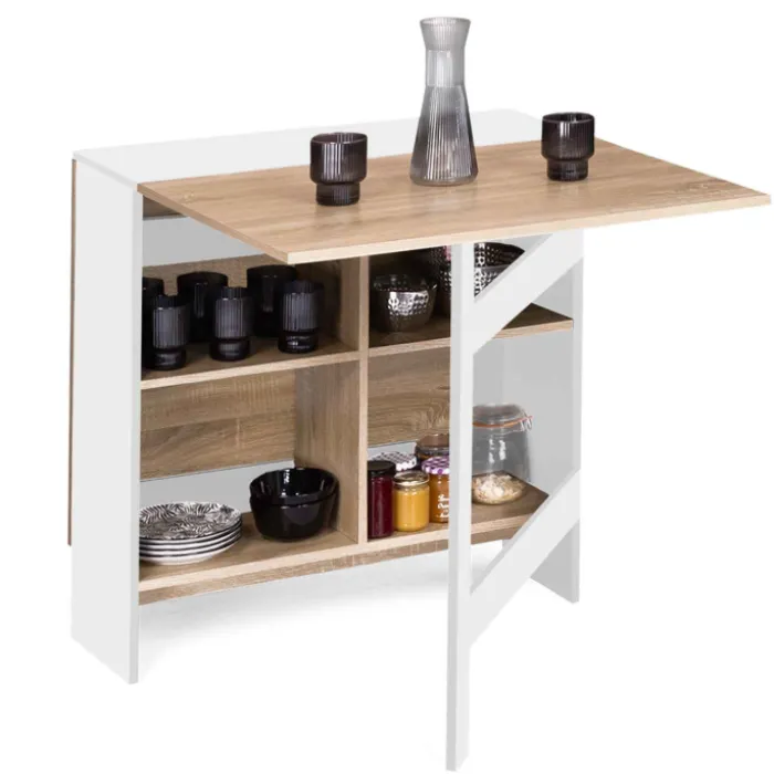 Table pliante blanche plateau bois avec double rangement central
