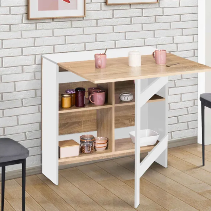 Table pliante blanche plateau bois avec double rangement central