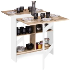 Table pliante blanche plateau bois avec double rangement central