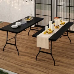 Table pliante d appoint portable 180 cm pour camping ou réception imitation bois noir