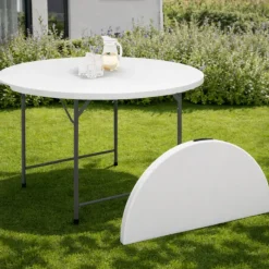 Table pliante d'appoint portable ronde 122 cm camping ou réception avec housse blanche
