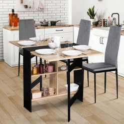 Table pliante noire plateau bois avec double rangement central