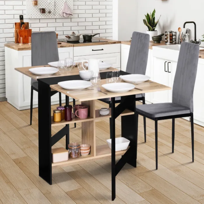 Table pliante noire plateau bois avec double rangement central
