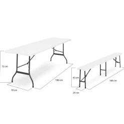 Table pliante portable blanche 1m80 et 2 bancs pliables