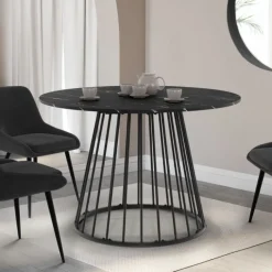 Table ronde à manger 110cm 6 personnes plateau effet marbre noir et pied filaire métal noir